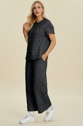 Double Take Full Size Texture Round Neck Short Sleeve Top and Pants Set OutfitFlow